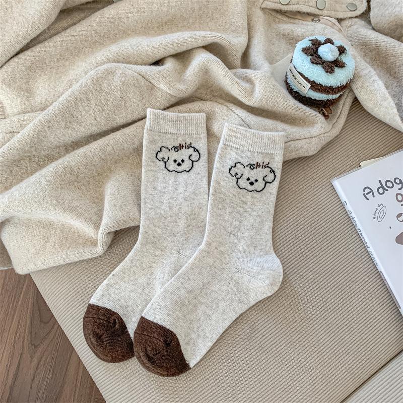 Autumn and Winter Puppy Grey Series Contrasting Color Mid-calf Warm Wool Women's Socks Cartoon Cute School Style Comfortable