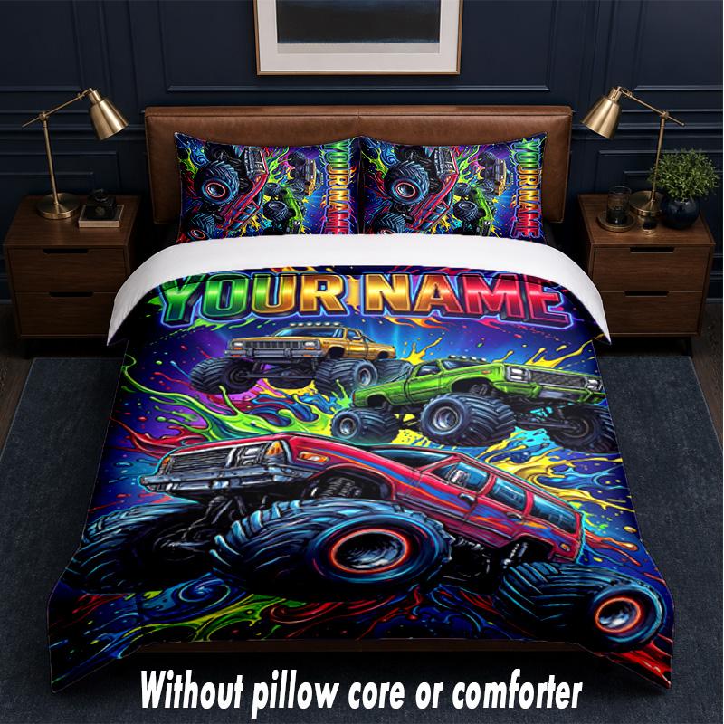 Monster Truck Theme Custom Text Or Name 3Pcs Bedding Set,1 Flat Sheet & 2 Pillowcases Personalized Home Bedding