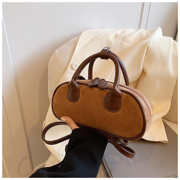 Vintage Matte Bowling Bag Women's High-end Sense Medieval Portable Pillow Bag Suede Shoulder Messenger Bag