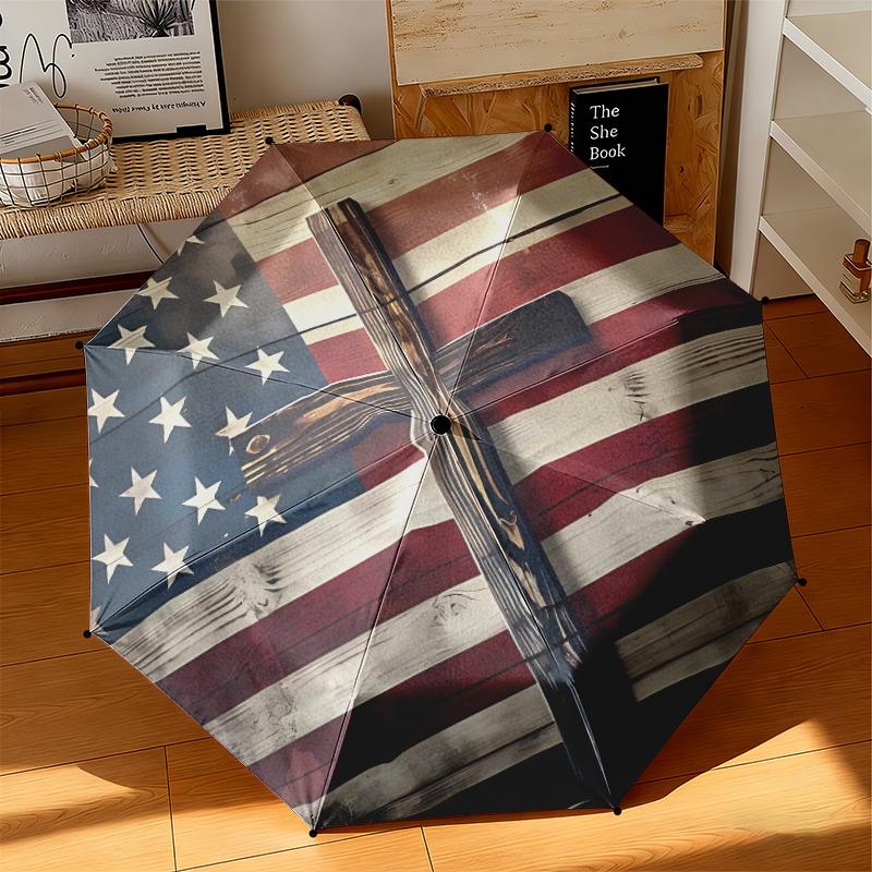 1 Stück Künstlerischer Amerikanischer Flaggen-Regenschirm Tragbarer Faltregenschirm Eisenrahmen Lochknochenstruktur Outdoor Heim-Regenschirm