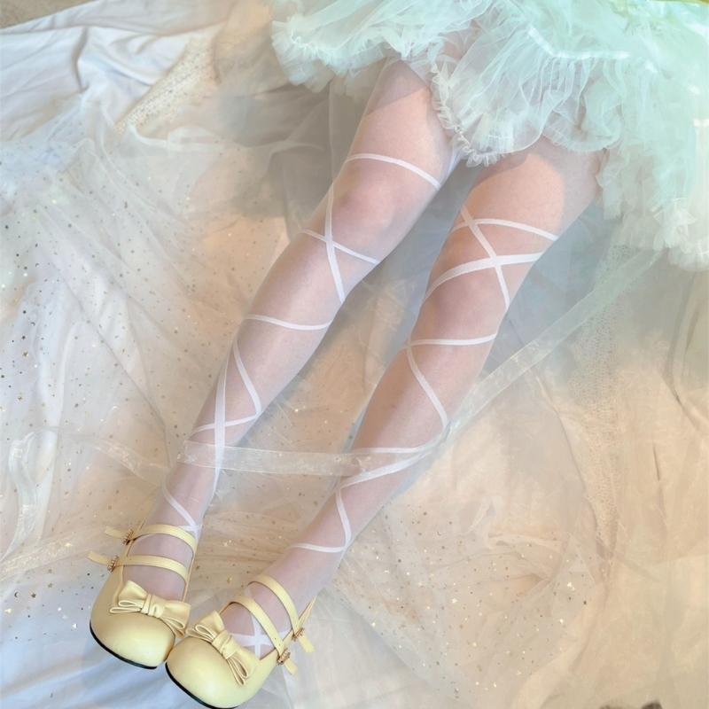 Women Irregular Crossed Strappy Jacquard Silky Tights Stockings Japanese Style JK Princess See Through Pantyhose Legging