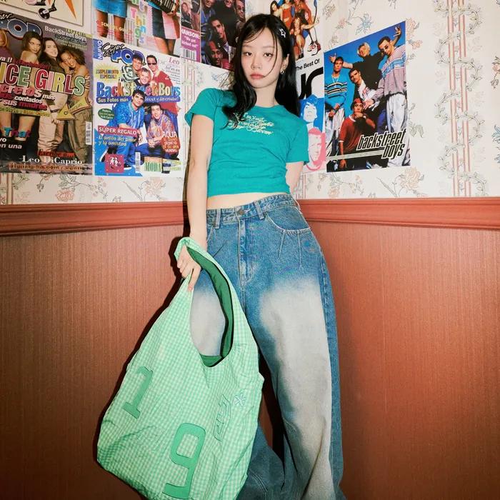 1993 Nylon Applique Check Tote Bag_Green