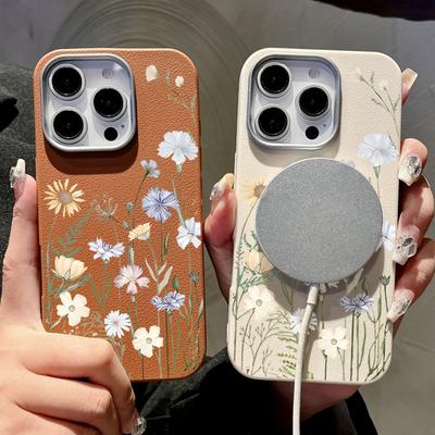 Custodia in Silicone con Texture Pelle Fiore Bianco per iPhone 16 15 Pro 14 13 12 Pro Max 14 15 Plus 11 16e Magnetica Per Magsafe Copertura Ricarica Wireless