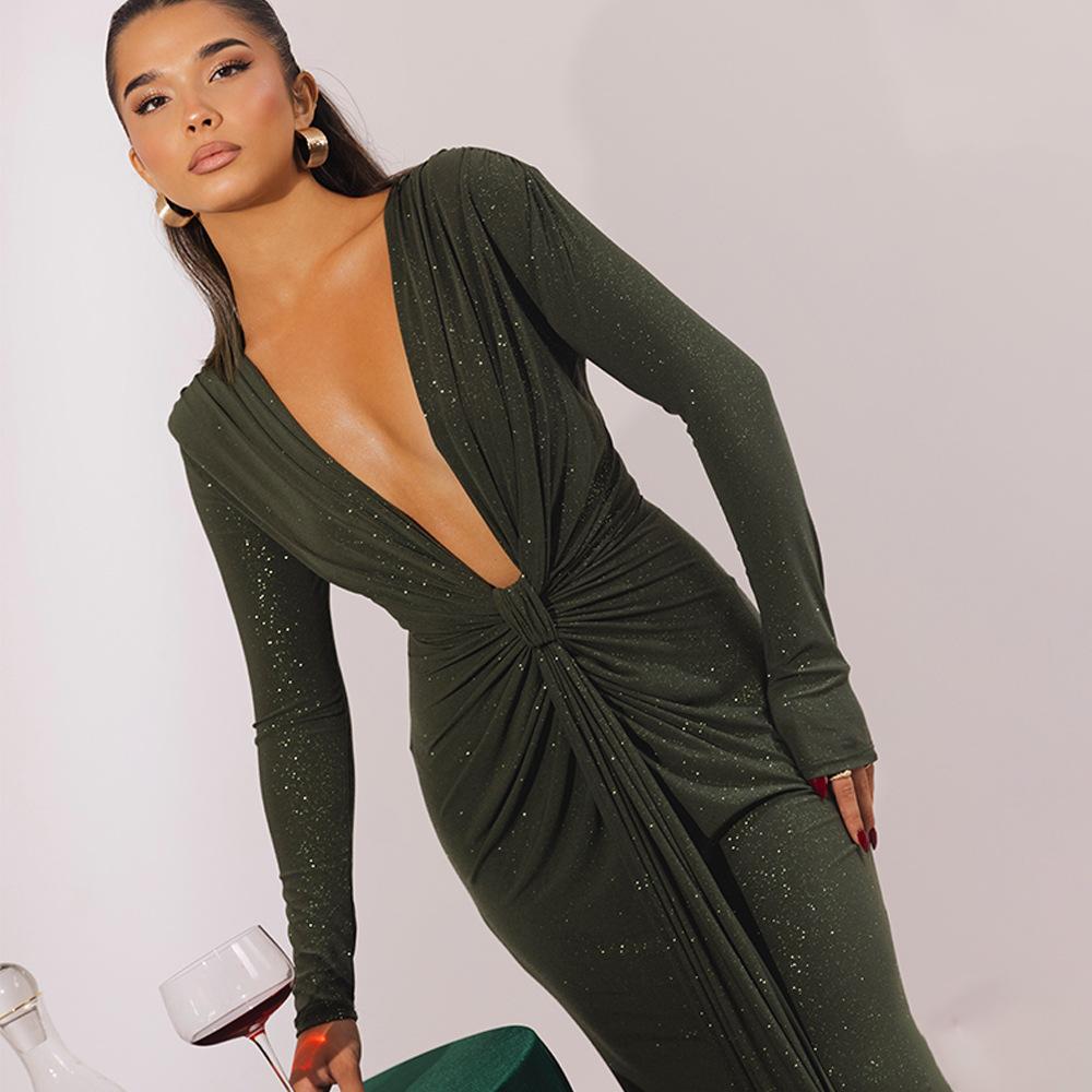 Long Sleeve Ruched Sexy Maxi Dress For Women Gown Fashion Skew Collar Draped Thigh High Split Club Long Dress