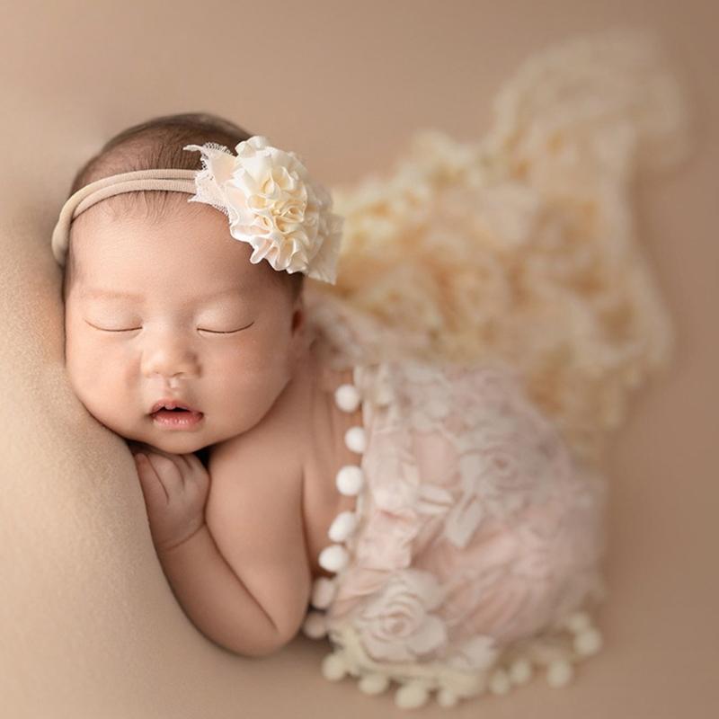 Wrap Blanket for Baby Photography Props Tassel Blanket Rose Flower Headband Newborn Photo Posing Props Photo Accessories