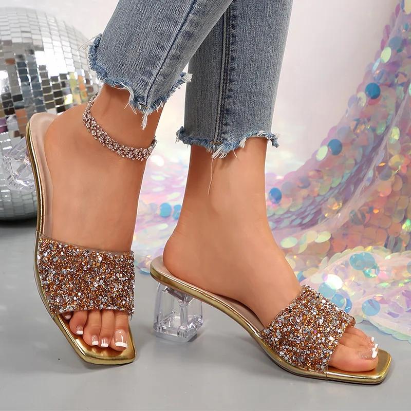 Fashion Shiny Sequin High Heels Sandals for Women Plus Size Gold Silver Square Toe Slippers Woman Transparent Strange Heeled Party Shoes