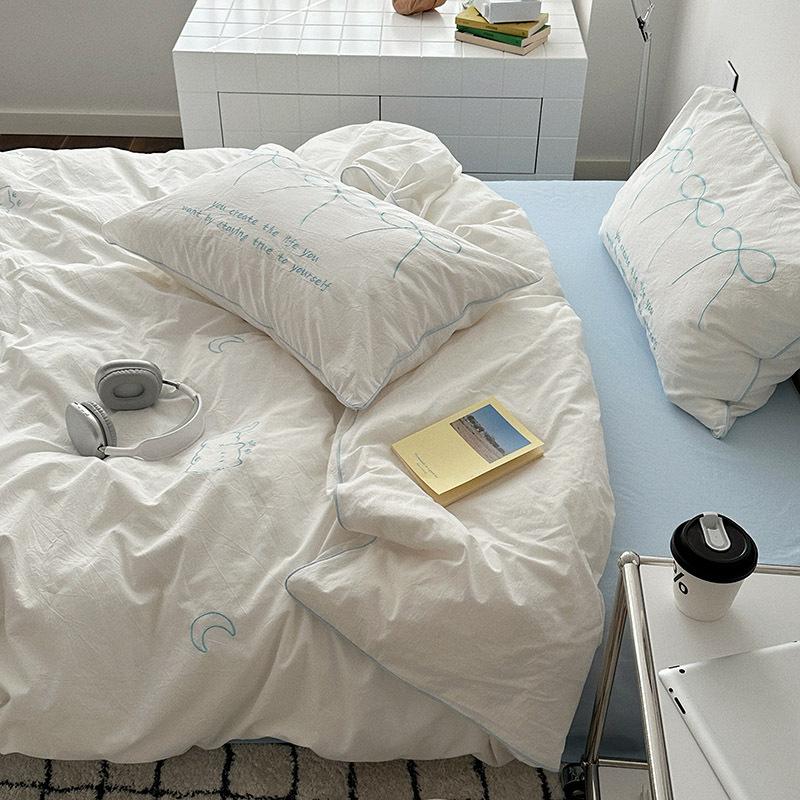 Girl Heart Simple Four-piece Set Soft Washed Cotton Cute Embroidery Heavy Industry Bed Sheet Quilt Cover Dormitory Three-piece Set