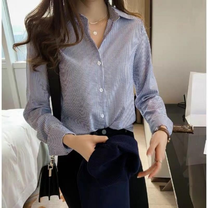 Big Size Women's Tops Loose Vertical Striped Shirt Female Fat Long-sleeved Shirt Bottoming Shirt Tide Vintage Basic Office Casual Women Shirt