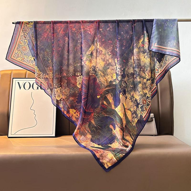 French retro ethnic style 111 imitation silk scarf large square scarf with shawl beach towel for women in spring and autumn