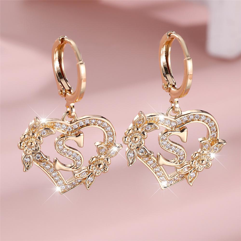 Vintage Hollow Love Heart Flower A-Z 26 Letters Hoop Earrings Yellow Gold Color White Zircon Earring Wedding Jewelry For Women