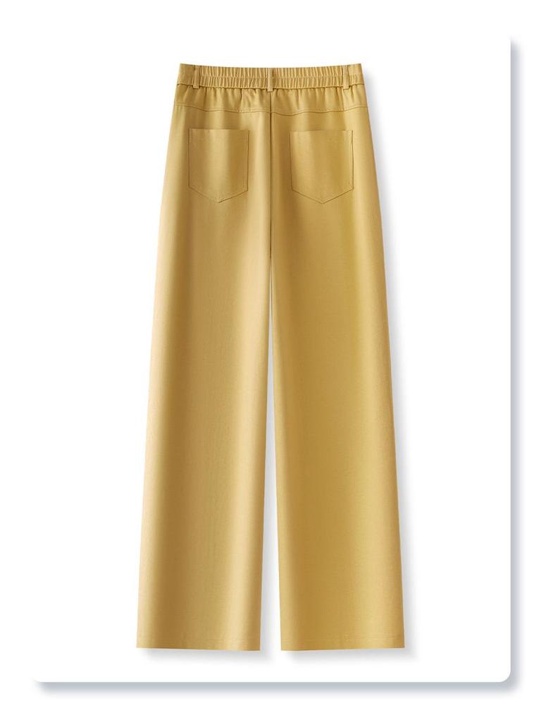 Women's Yellow Tencel Cotton High Waist Wide Leg Pants - Slimming Spring 2025 Straight Leg Casual Trousers
