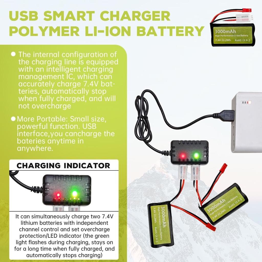 2x 7.4V 3000mAh 15C 2S Li-ion Battery with JST-2P Plug and 2-in-1 Charger – for UDIRC UD1601 UD1602 SG1603 RC Car 1/10 1/12 1/16 Scale Truck