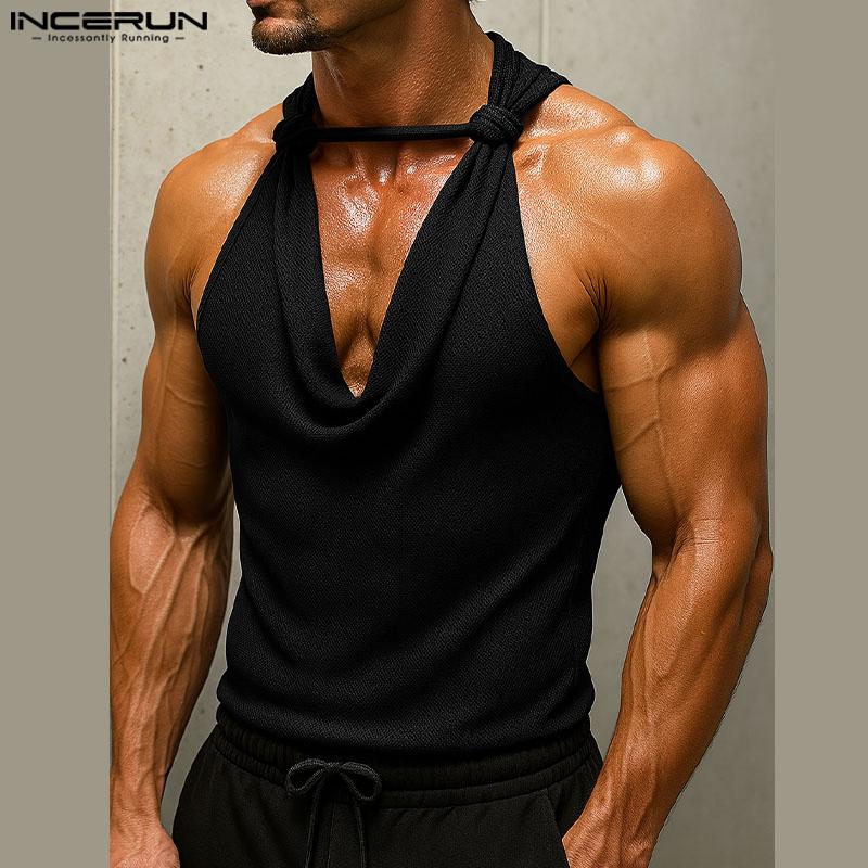 

INCERUN Men Summer Swing Collar Sleeveless Ruffled Casual Loose Tank Tops S чорний