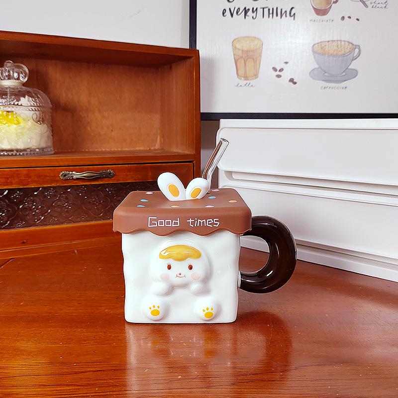 Cana Iepure Tridimensional Drăguță cu Capac Pai Cadou Creativ pentru Fată Cană Ceramică Pătrată pentru Mic Dejun Birou