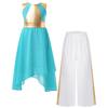 Girls Sleeveless Color Block Metallic Patchwork Dress Wide Leg Pants Praise Worship Dance Costume Set