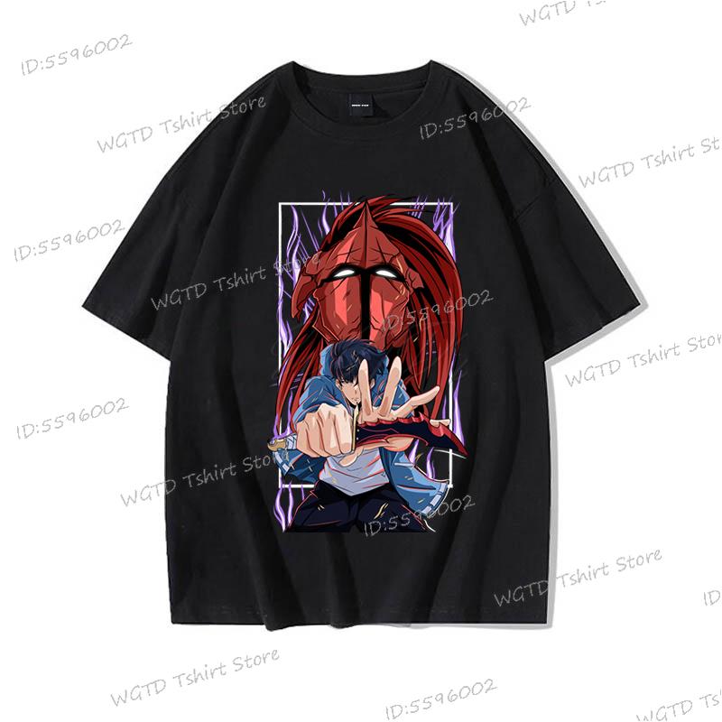 Hip Hop Streetwear Anime Solo Leveling Statue of God Print T-Shirt Männer Frauen Harajuku Grafik Lockeres Oberteil Vintage Baumwoll-T-Shirt