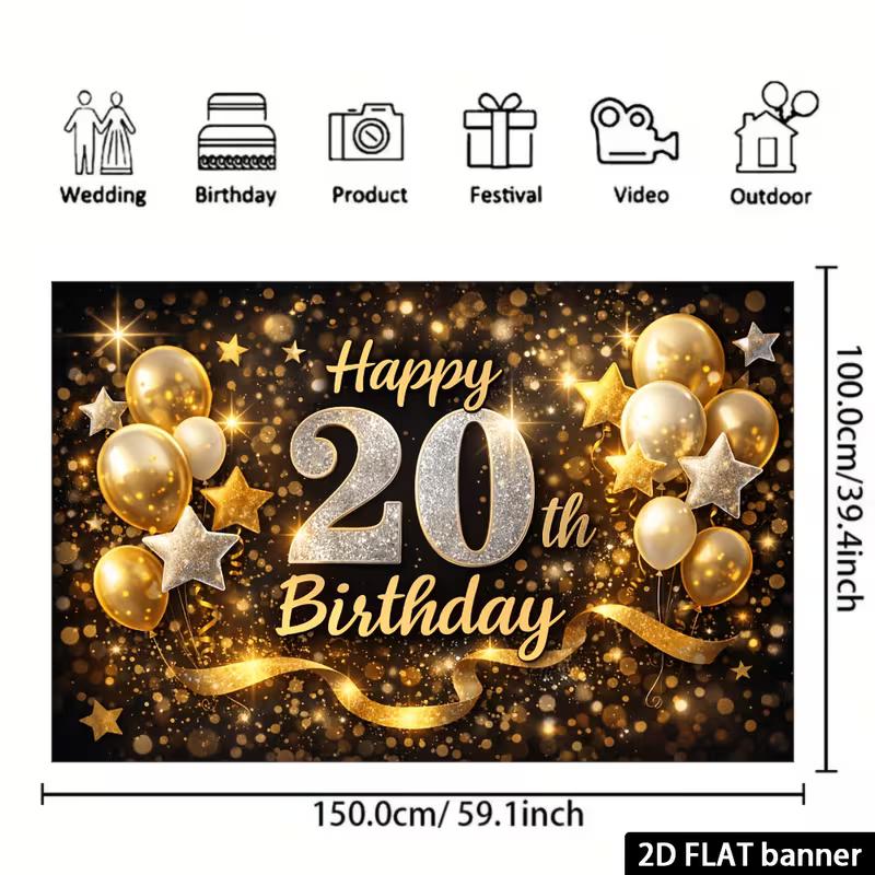 2D 20th Birthday Black Gold Backdrop for Men Women Birthday Party Background