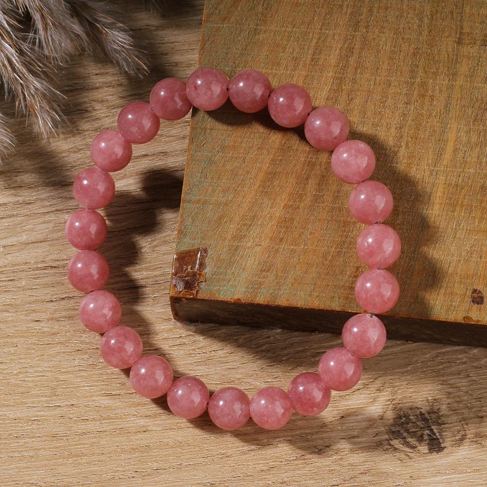 Natural Rose Quartz Beaded Bracelet For Women, Pink Strawberry Crystal Bracelet, Handmade Elastic Crystal Bangle, Gift