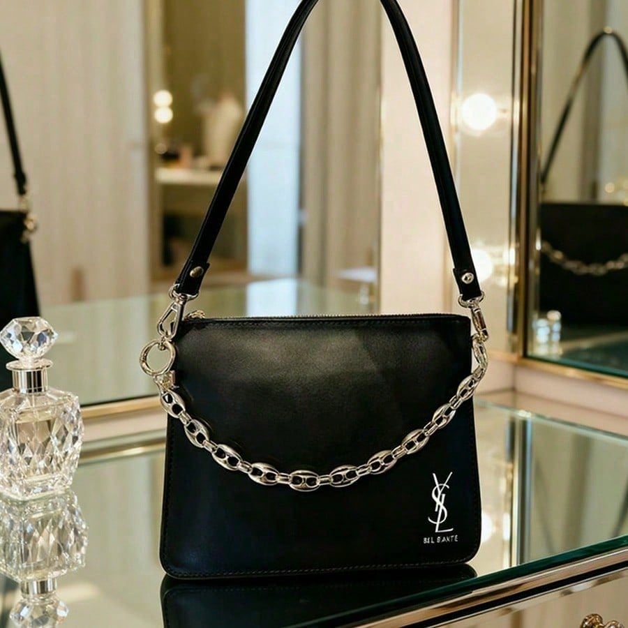 Handmade DIY Black Square Bag, with a Retro and High-end Style, Adorned with Golden Chains and Classic Logo.
