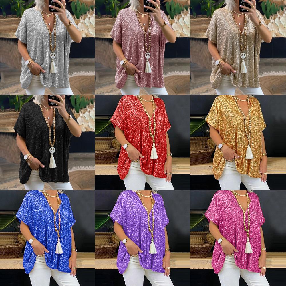 2025 Women's Sequined V-Neck Loose Fit Urban Casual Short Sleeve T-Shirt