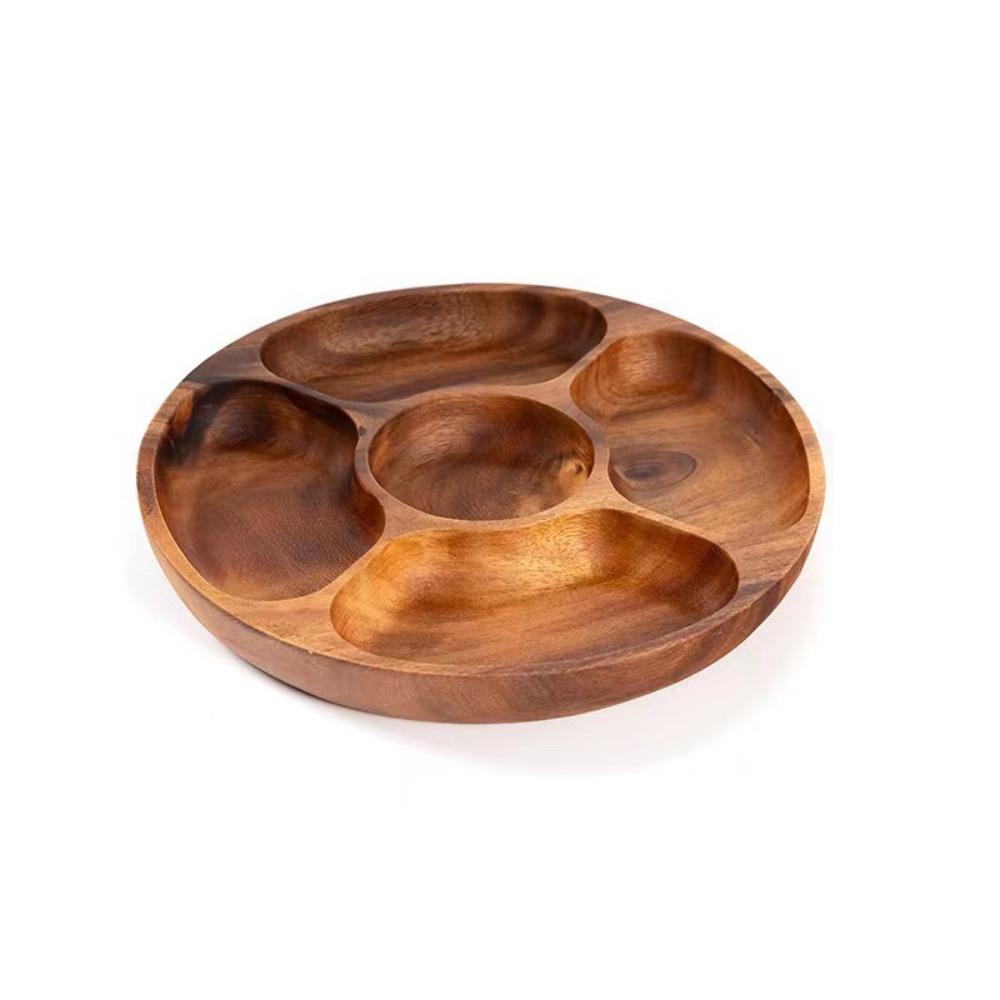 With 5 Dining Grids Food Serving Tray Solid Wood Dried Fruit Plate Perfect Snack Plate Party