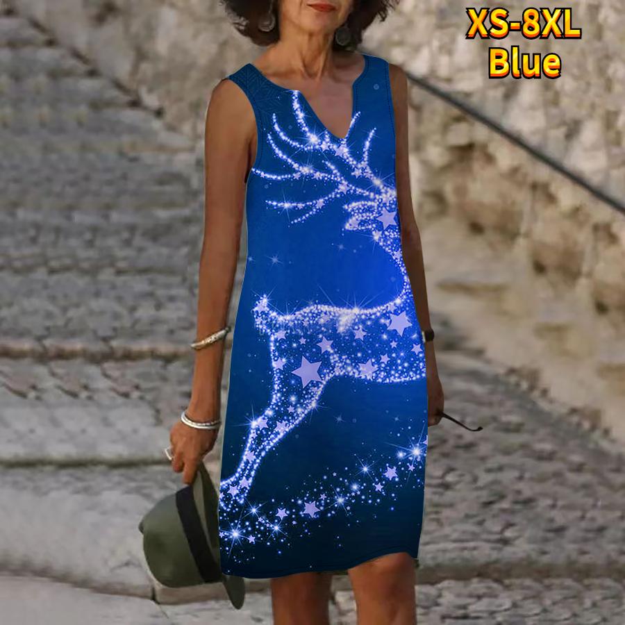 Frauen V-ausschnitt Sommer Lila Glowing Elch Print Kleid Casual Ärmellose Mode Lässig Lose Sexy Kleider Plus Größe XS-8XL