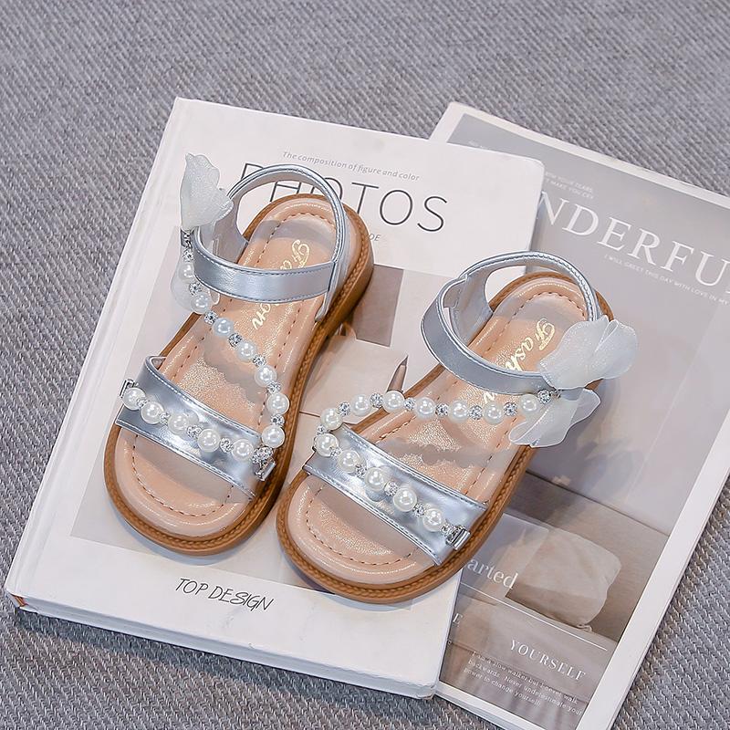 

Girls Beach Shoes Side Bows Kids Princess Shoes Sweet Beading 2025 Summer New Children Sandals Open Toes Ins Trendy Soft Sole 26 серебряный