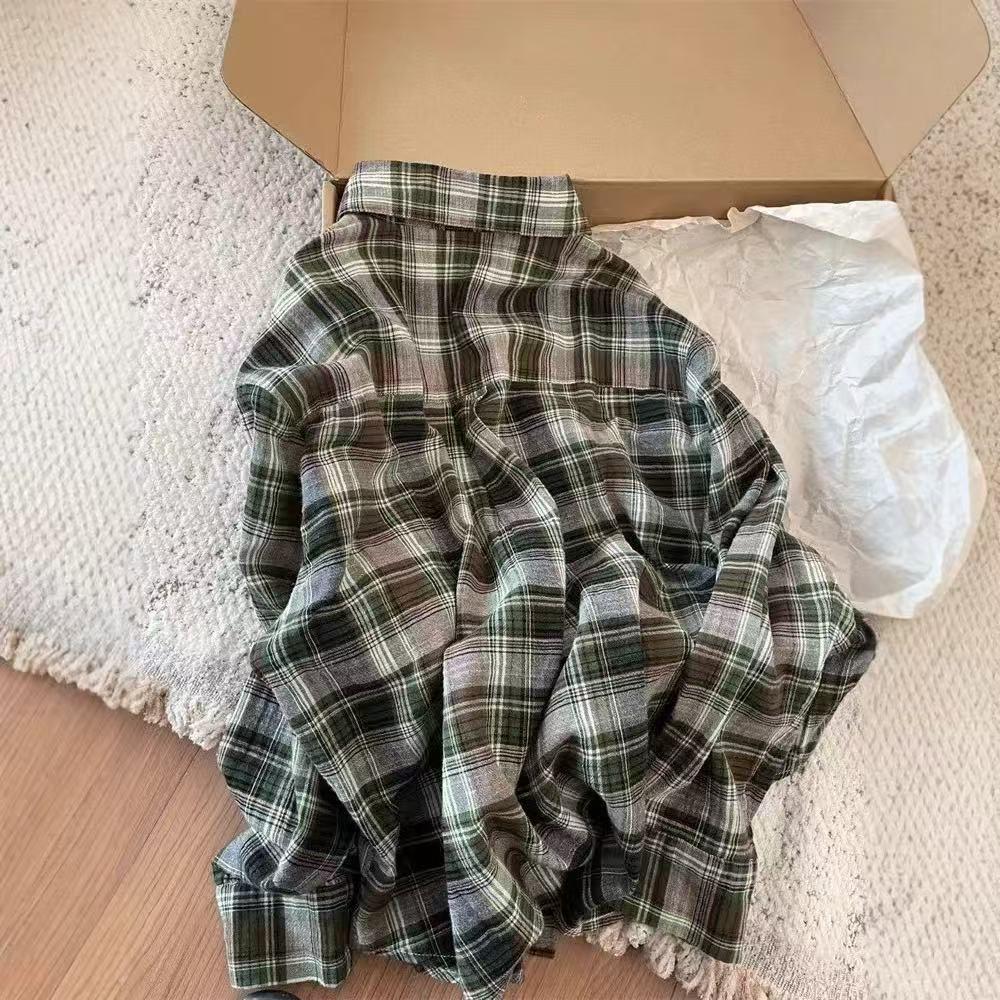 

Кардиган оверсайз в клетку в корейском стиле, рубашка с длинным рукавом для женщин S зеленый плед