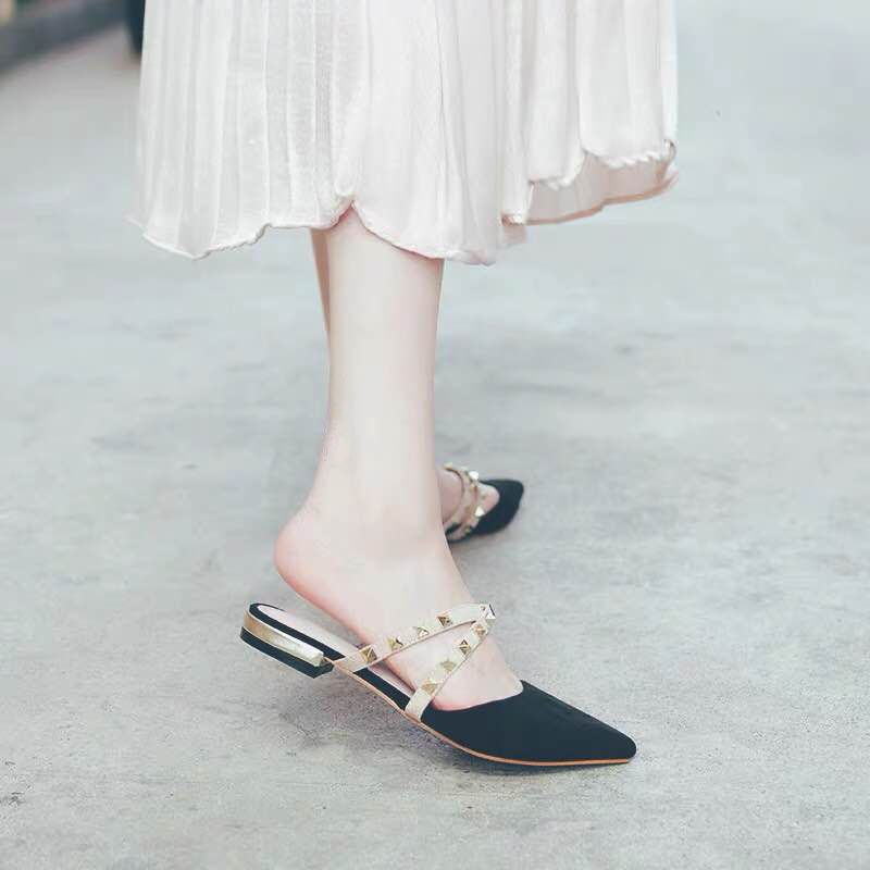 Internet celebrity pointed toe bag head half slippers female summer wear student Korean version of society low heel willow nail sandals low heel m