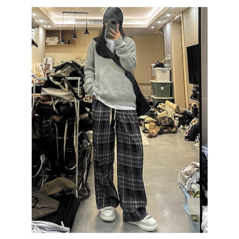 Women's Elegant Plaid Wide Leg Pant Vintage Chic High Waist Pants High Street Trendy Cool Trousers