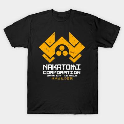 Men Black Print T-shirt Nakatomi Corporation No-Cut Transfer Paper Print Cotton Tshirt