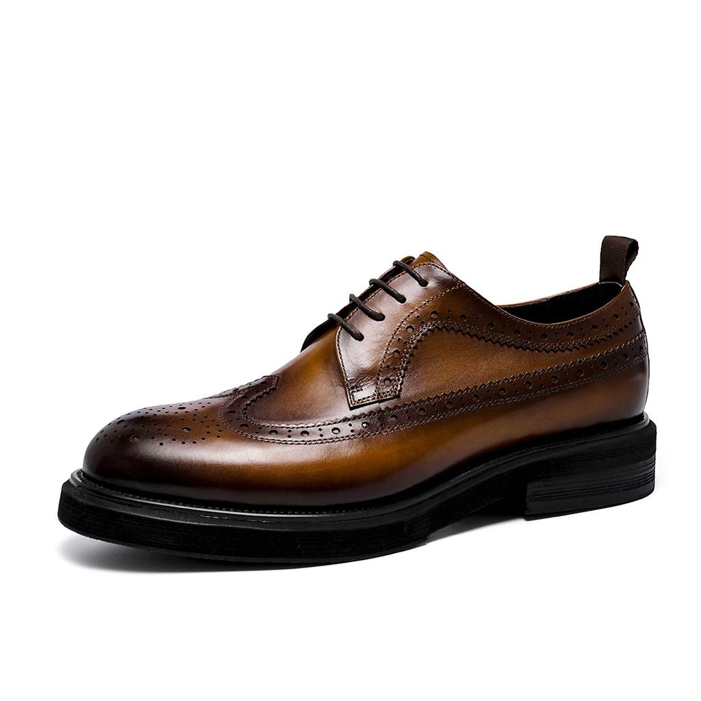 Round Head Block Men'S Leather Big Head Business Casual Shoes First Layer Cowhide Leather Shoes Thick Sole Increase