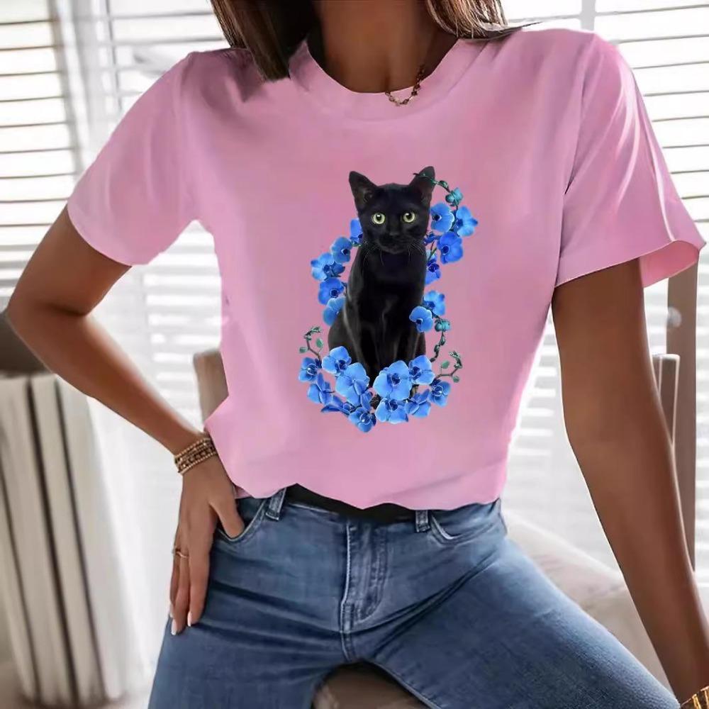 Style Cat Print Round Neck Short Sleeved Women's Top Fashionable, Casual, Loose and Versatile