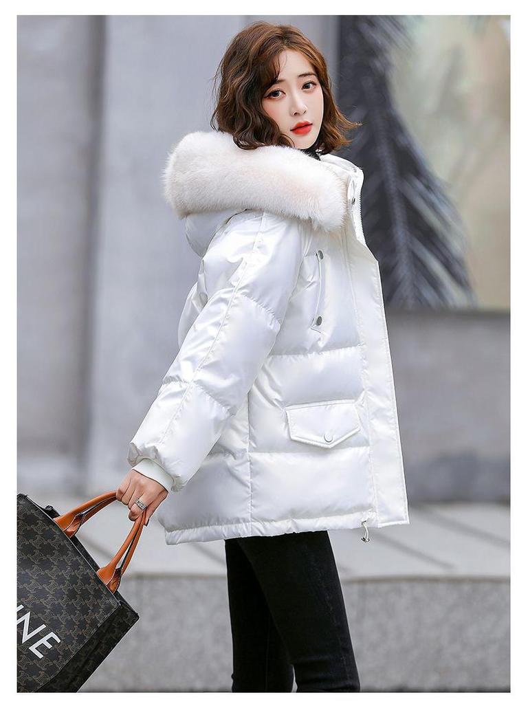 Chaqueta de Plumón de Pato Blanco Brillante para Mujer, Estilo 2024 - Corta, Sin Lavado, Cálida, Corte Holgado con Cuello de Piel