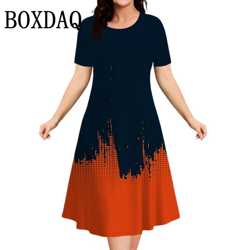 Women Plus Size Summer Dresses 3D Gradient Printed Short Sleeve Loose A-Line Dress Oversized Women Clothing Elegant Ladies Dress