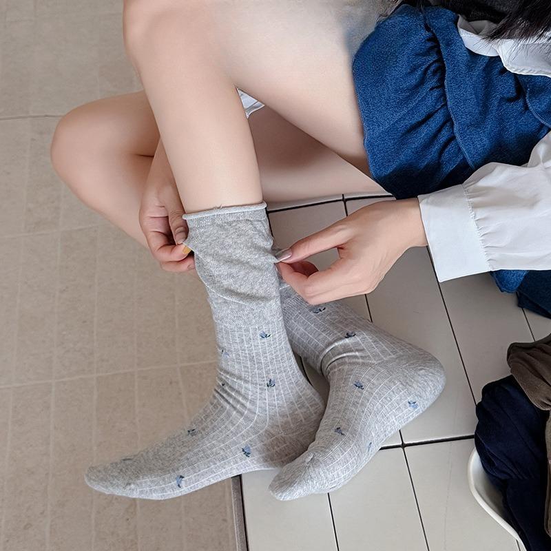 Autumn Bubble Mouth Pile Socks, Floral Loose Mouth Women's Mid-calf Socks and Long Socks