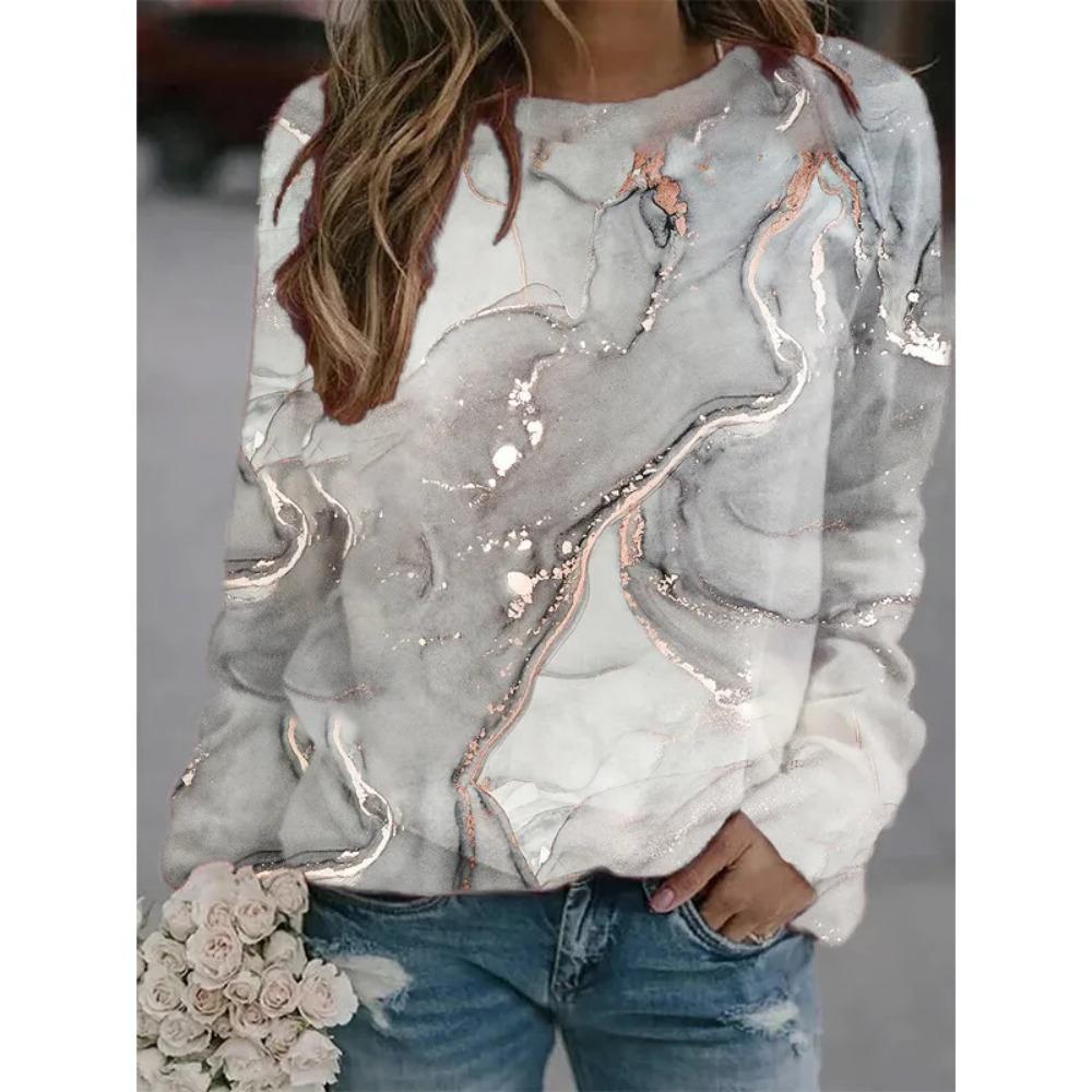Hot Selling New Marble Texture 3D Printed Women's Casual Round Neck Long Sleeved T-shirt