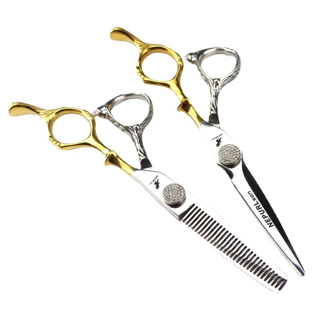 6-Inch Nimpson Platinum, Full Brick And Gem Double-Sided Sword Large Wood Grain, Hair Scissors, Barber Scissors, Flat Scissors
