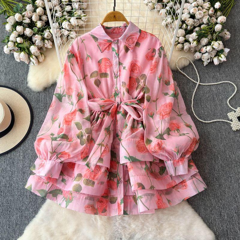 

Shoelace Waist Trimming Short Shirt Summer Elegance Cake Dress Pink Base Print All yards