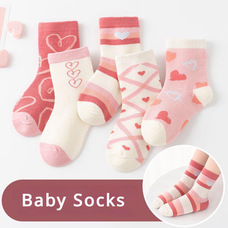 5 Pairs Girls Soft Cotton Middle Tube Socks Autumn Winter Warm Love Heart Flower Print Baby Kids Socks