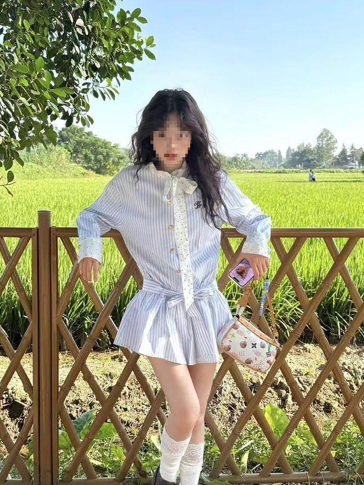 Women's Retro Lace-Up Patchwork Striped Dress: Early Autumn College Style, Waist-Slimming Casual