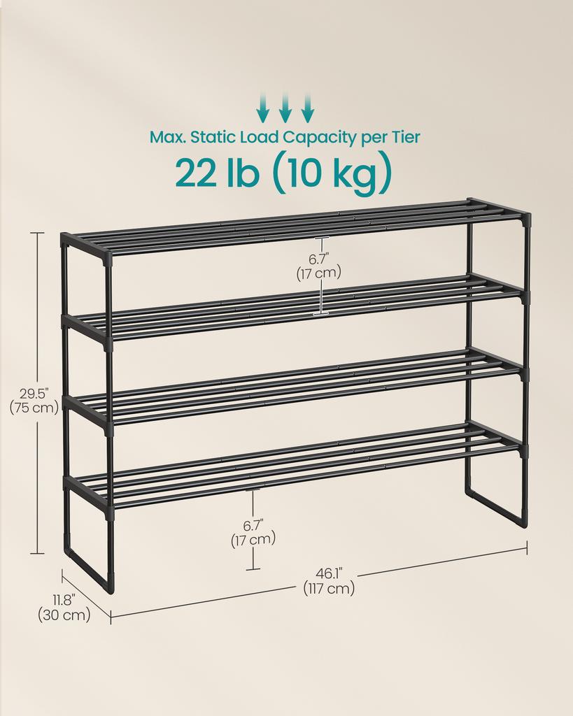 SONGMICS 4-Tier Shoe Rack, Narrow Shoe Storage Organiser, Metal Storage Rack, for Hallway, Living Room, Closet, Space-Saving, Stackable