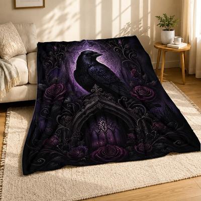 Gothic Raven and Roses Coral Fleece Blanket