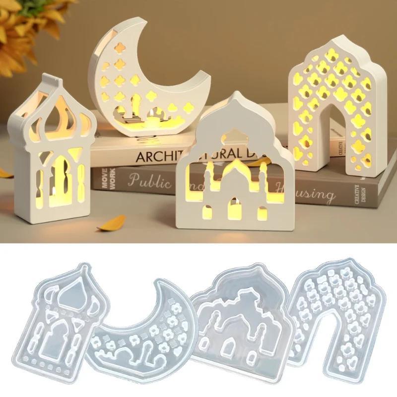 Top Quality Middle Eastern Style Hollow House Plaster Lampshade Silicone Mold DIY Moon Candle Holder Resin Molds For Eid Al Fitr