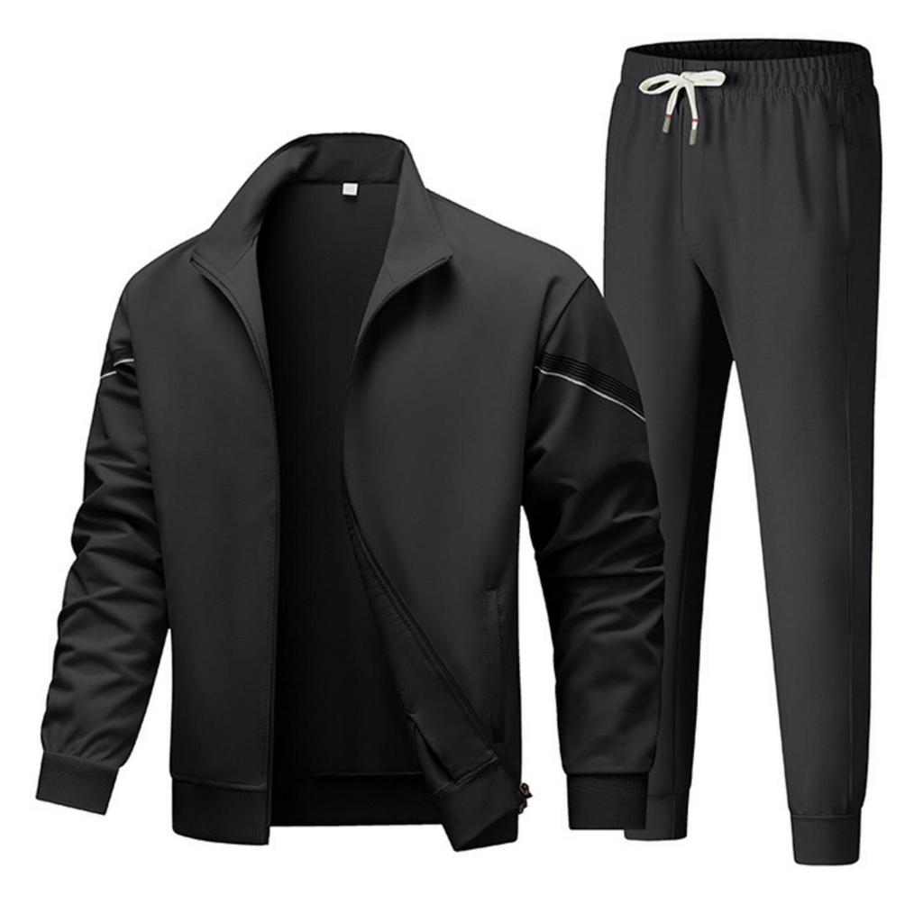 Men's Casual And Fashionable Long-sleeved Lapel Solid Color Zipper Jacket Long Pants Sportswear Set