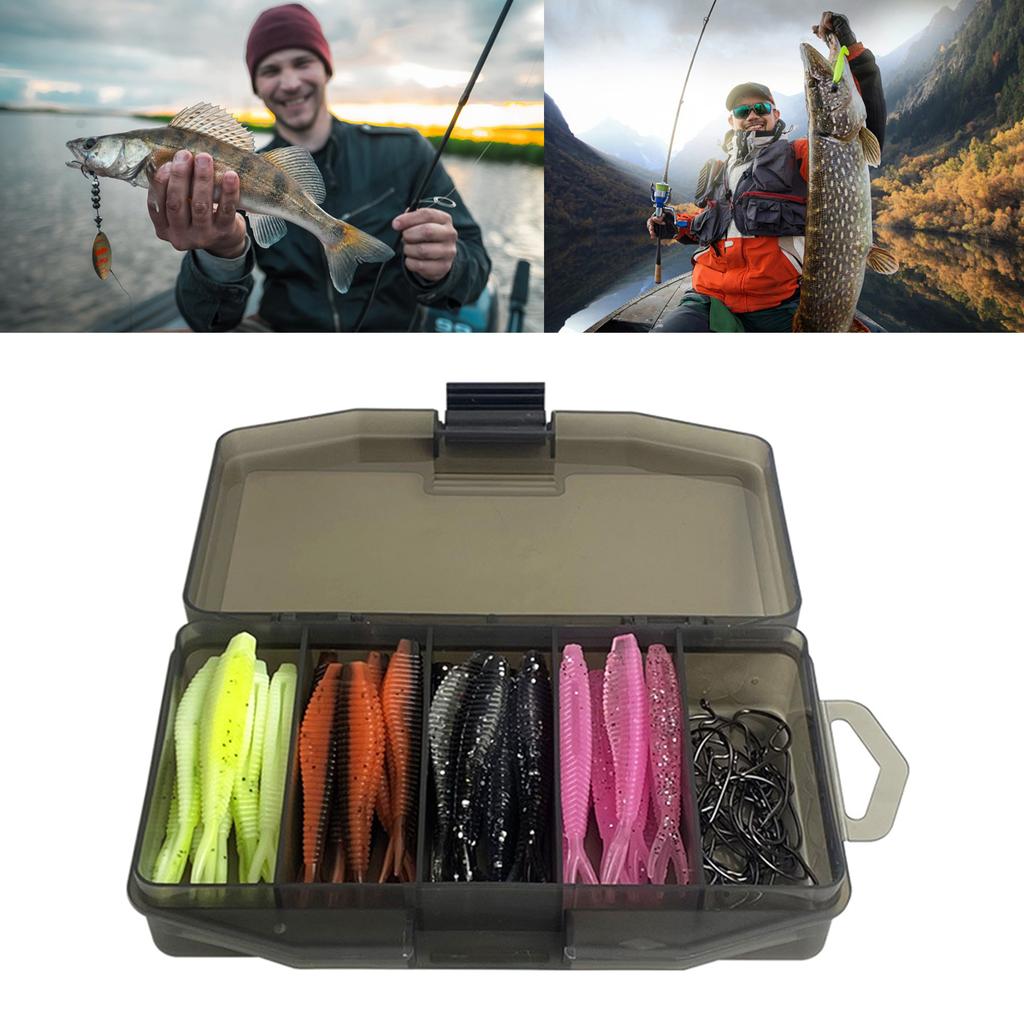 61Pcs Fish Lures Soft Artificial Lures for Fishing Trout Ribbon Lures Soft Colorful Fork Tail Swimbaits with Crank Hook