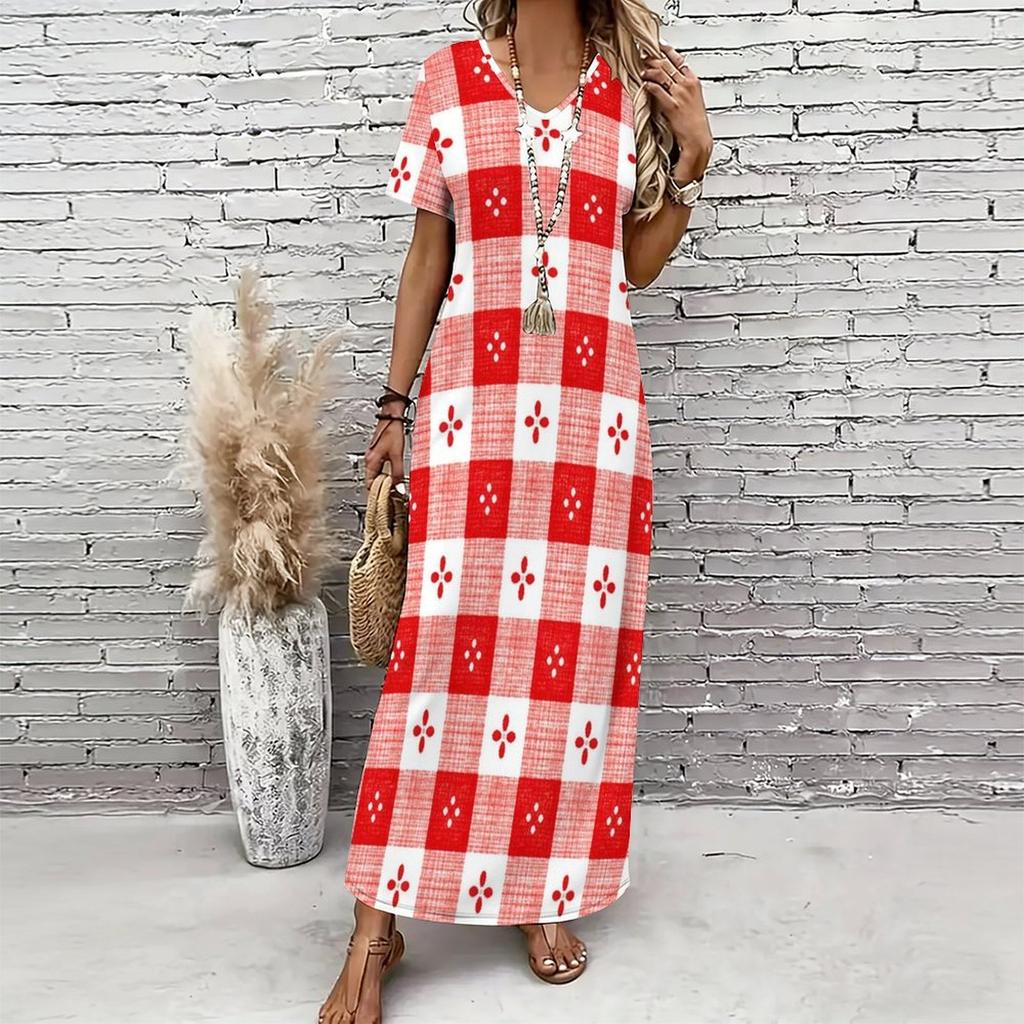 Women Plus Size V Neck Short Sleeve Beige Brown Printed Straight Maxi Dress