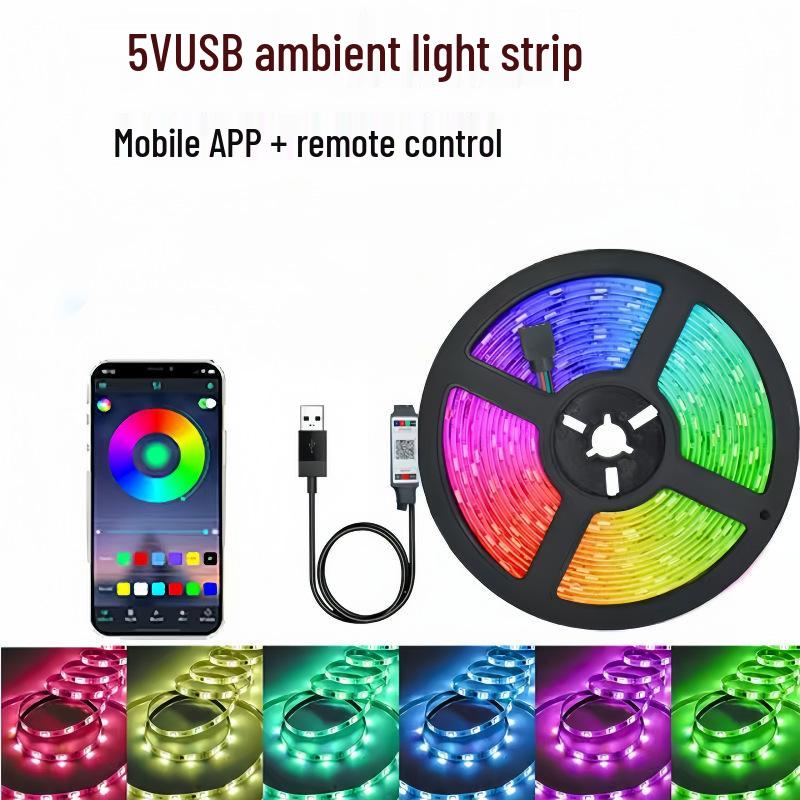 

5V RGB LED Strip with Bluetooth, USB-Powered, Customizable Seven Colors for Gaming Desk or Home Ambiance. 2m