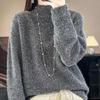 Women's 100% Wool Cable Knit Sweater, Half-High Neck, Loose Fit, Thick for Autumn/Winter