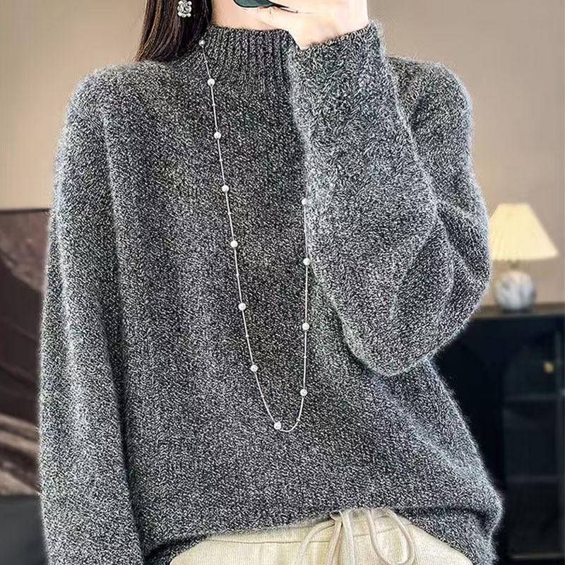 Women's 100% Wool Cable Knit Sweater, Half-High Neck, Loose Fit, Thick for Autumn/Winter